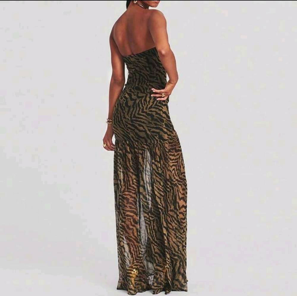 Women Tube Top Dress Slim Strapless Backless Mesh Patchwork Maxi Dress Leopard - Picture 5 of 9